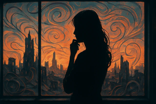 Silhouette of a person in profile, looking out a window at a stylized, abstract landscape of a ruined city with swirling orange and blue patterns, suggesting contemplation