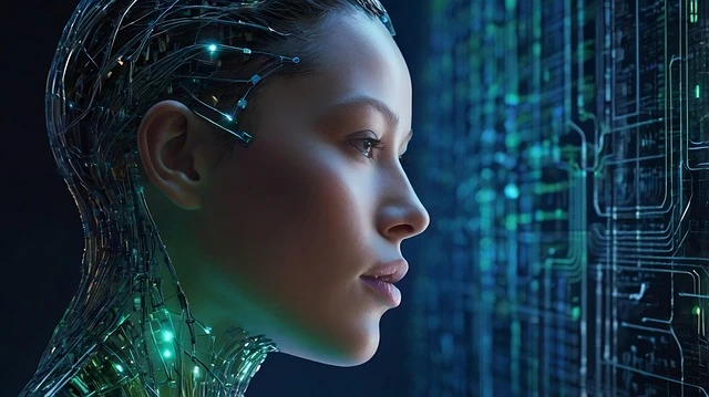 Side profile of a person with glowing digital connections around their head, looking at a screen with data streams, depicting the digital evolution of self-knowledge
